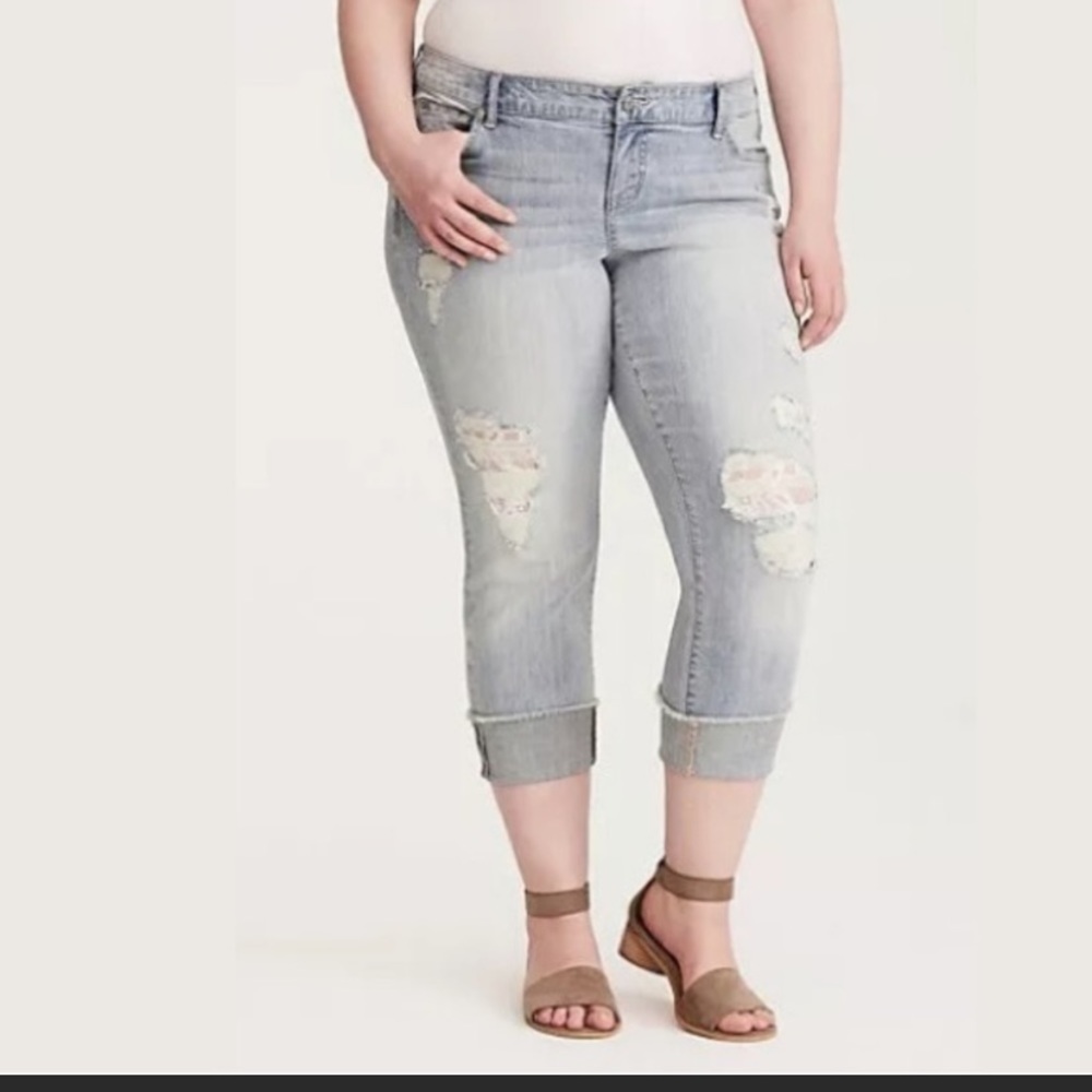 Torrid boyfriend crop destructed lace underlay